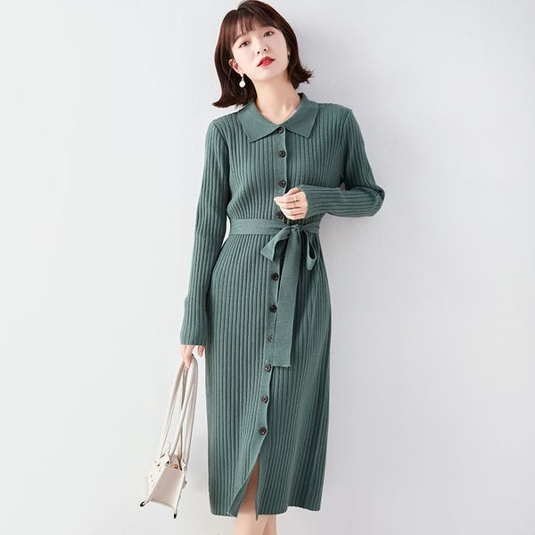 

dress ladies retro-lapels knitted in autumn and winter women's clothing medium length rent even skirt feminine fashion streetwear, Black;gray