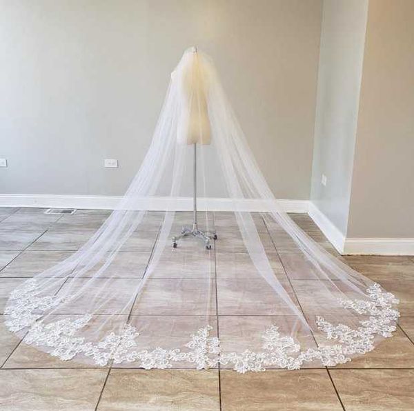 

bridal veils white ivory lace cathedral wedding veil with metal comb, embroidered lave floral scroll veil, single tier long length, Black