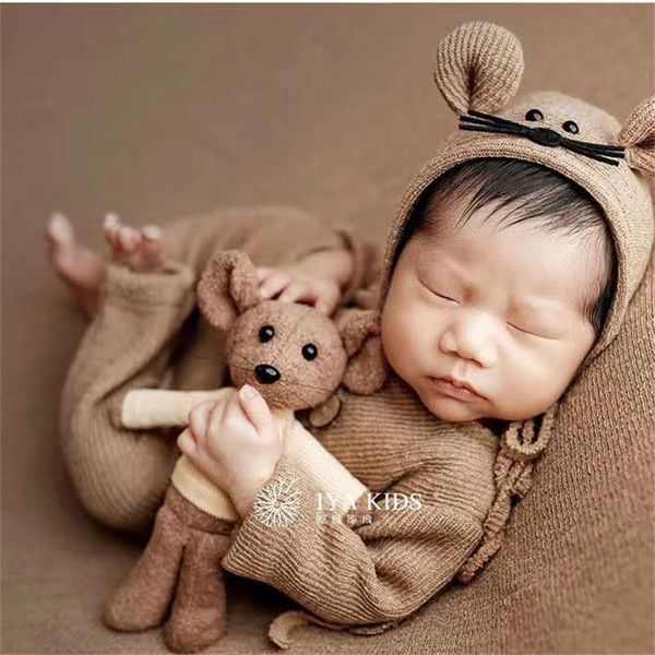 

3 pcs/set newborn pgraphy props suit knitted cotton jumpsuit hat mouse doll infant p shooting clothes outfits 2514 q2, White