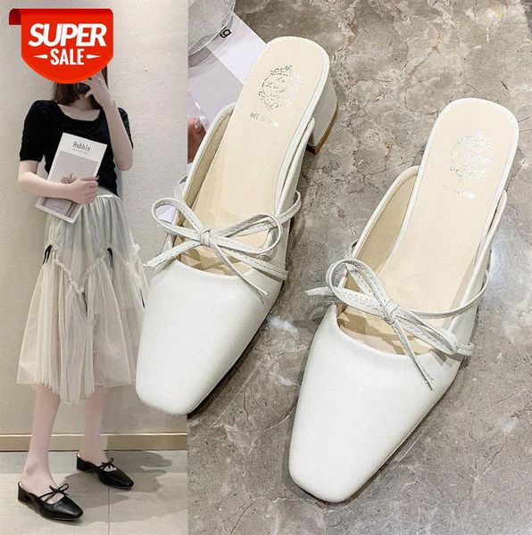 

baotou half drag women korean women's shoes small square toe low-heel fashion bow slippers #r49m, Black