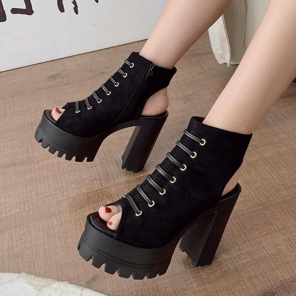 

sandals sarairis fashion female daily 2021 summer mature women platform thick high heels shoelace shoes woman, Black