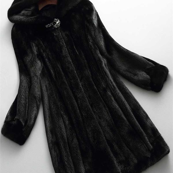 Lautaro Inverno Luxo Longo Faux Faux Mink casaco de pele com capuz manga comprida elegante espessura quente macia macia jaqueta peluda 6xl 7xl 211018