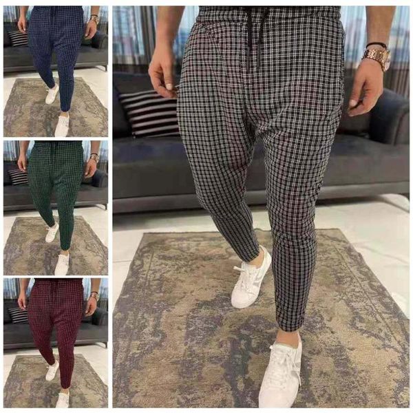 

men's pants fashion england style streetwear thin plaid slim fit men casual harajuku trousers skinny stretch check male clothing, Black