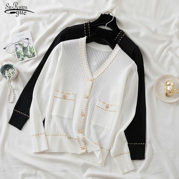 

women's knits & tees 2021 autumn vintage hollow thin short cardigan v-neck ice silk knitted elegant loose long-sleeve with pocket 17123, White