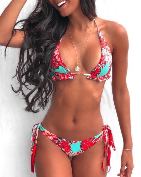

tropical print tied strap halter bikini set women v-neck low waist 2 pieces swimsuit beach bathing suit swimwear 210415, White;black