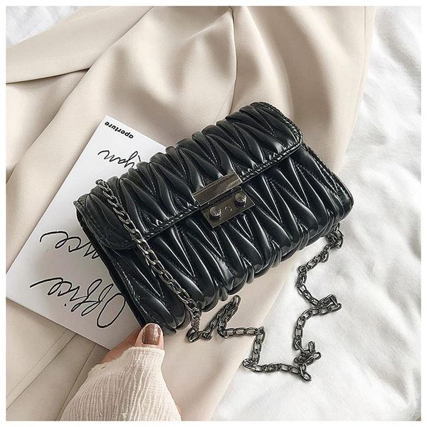 

evening bags women crossbody bag fashion style pure color pu handbag metal chains design square shape shoulder pleated messenger