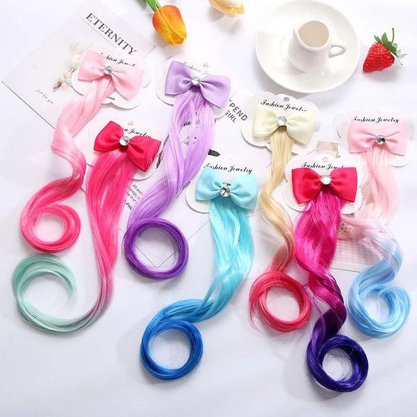 

hair accessories cute children gradient bow clips headdress ponytail ropes baby girls colorful wig pigtail elastic kids headwear, Slivery;white