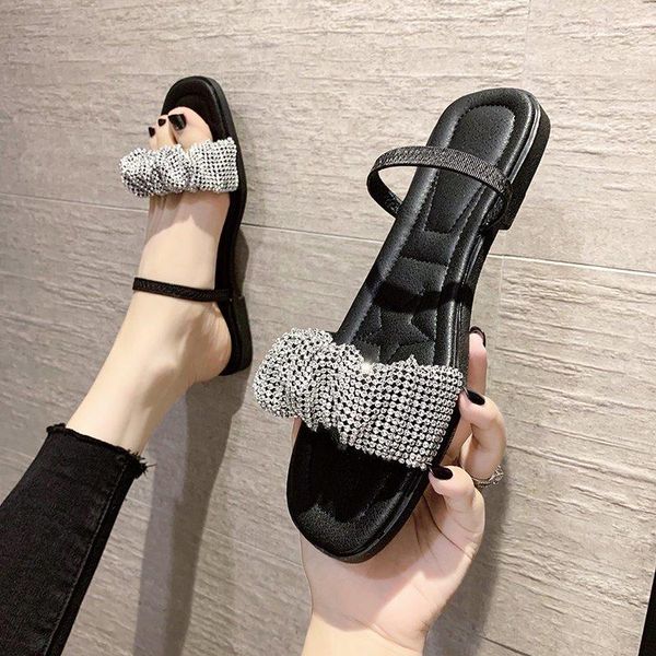 

shoes slippers casual slides low jelly flip flops slipers women luxury soft flat rubber glitter 2021 leisure pu rome crystal, Black