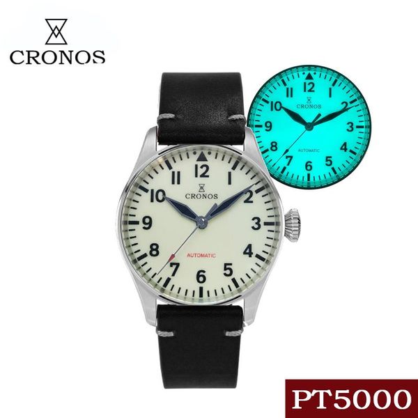 

wristwatches cronos flieger mechanical mens wrist watch blue full luminous sapphire crystal skeleton back leather strap watches, Slivery;brown