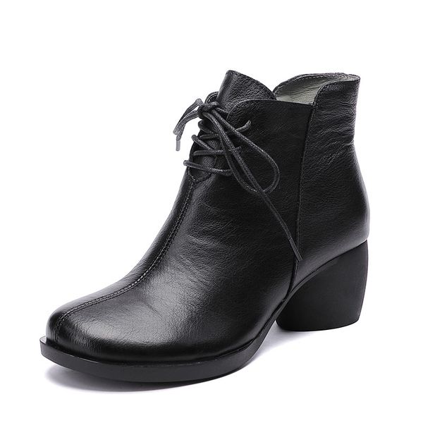 

boots thick heel women round toe winter lace up genuine leather ankle boots ladies, Black
