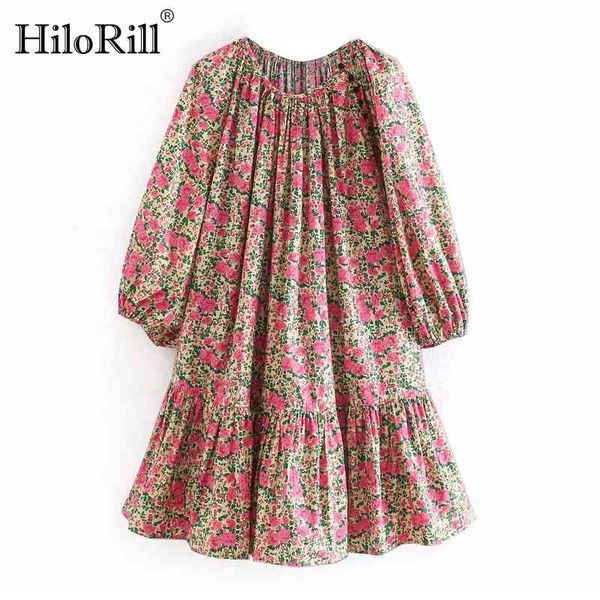 

women vintage o neck loose short dress floral print casual pleated mini lantern long sleeve es vestidos 210508, Black;gray