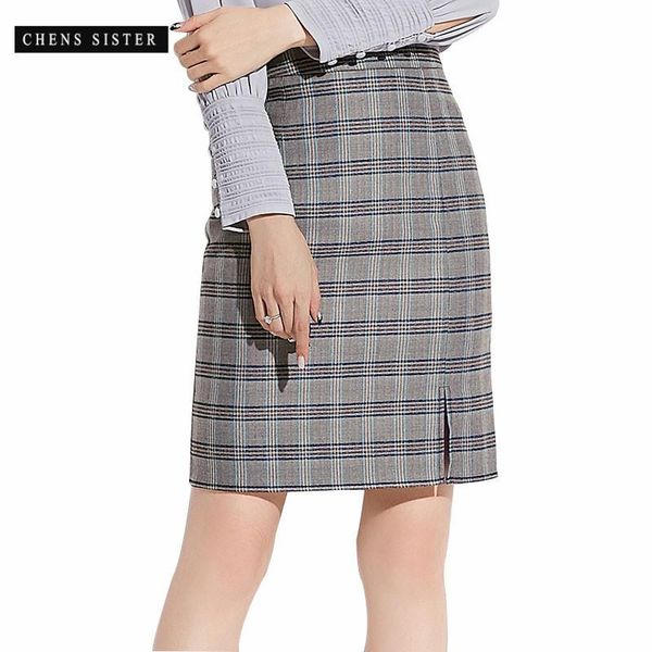 

skirts [chens sister] 2021 autumn plaid skirt stretchy high waist low short mini bodycon pencil elegant style women, Black