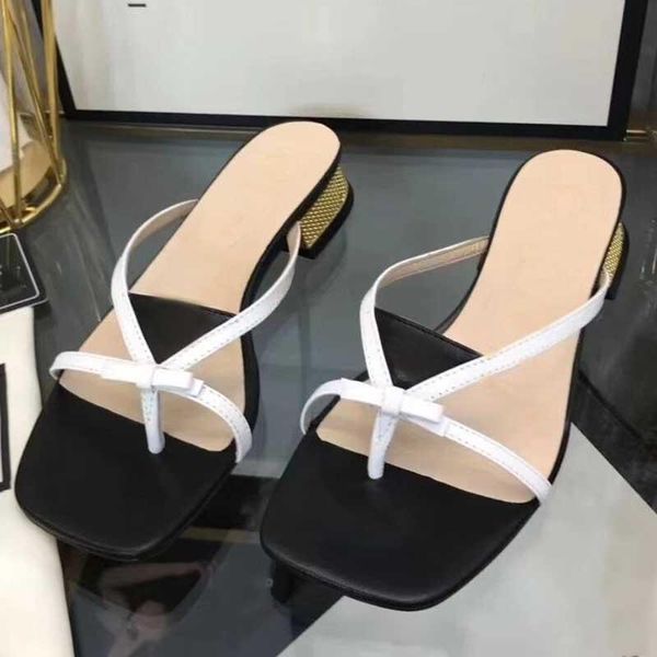 

brand design bowknot decor flat sandals summer flip flops beach shoes mix-color thong slipper square toe women slippers, Black