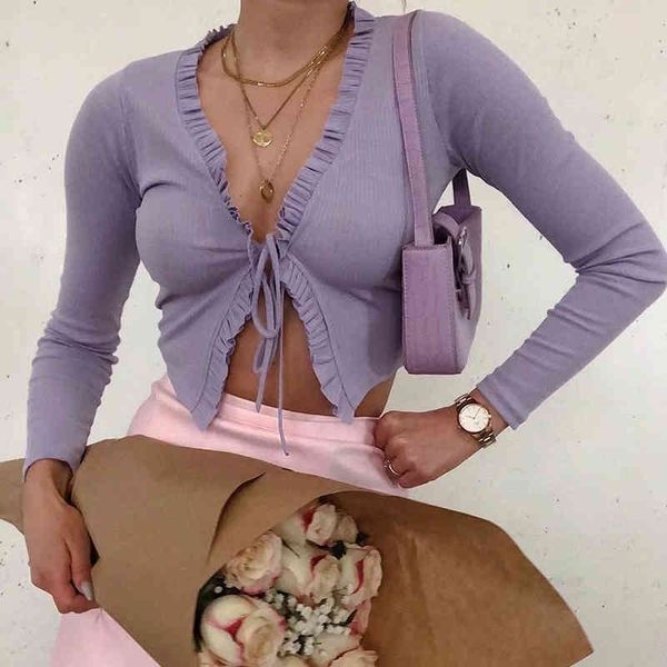 

knitted front tie cropped cardigan women ruffle vintage purple ribbed short cardigans long sleeve yellow cardigan 210415, White;black