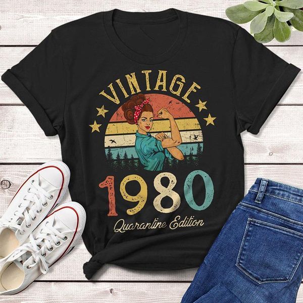 

women's t-shirt vintage 1980 quarantine edition 41old 41st birthday gift idea women girls mom wife daughter funny retro tshirt tee shir, White