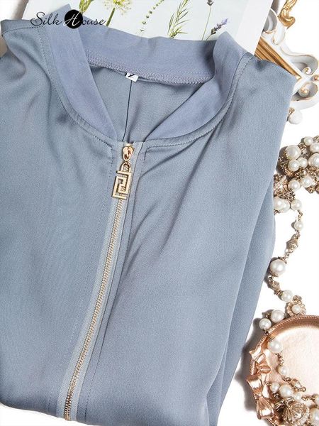 

women's jackets grey blue mulberry silk small stand collar jacket sunscreen short coat 2021 fashion clothing style, Black;brown