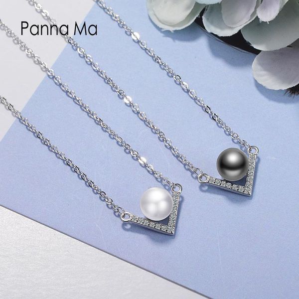 

pendant necklaces wholesale 12pcs/lot v shaped cubic zirconia pearl clavicle chain jewelry gift for women girl, Silver