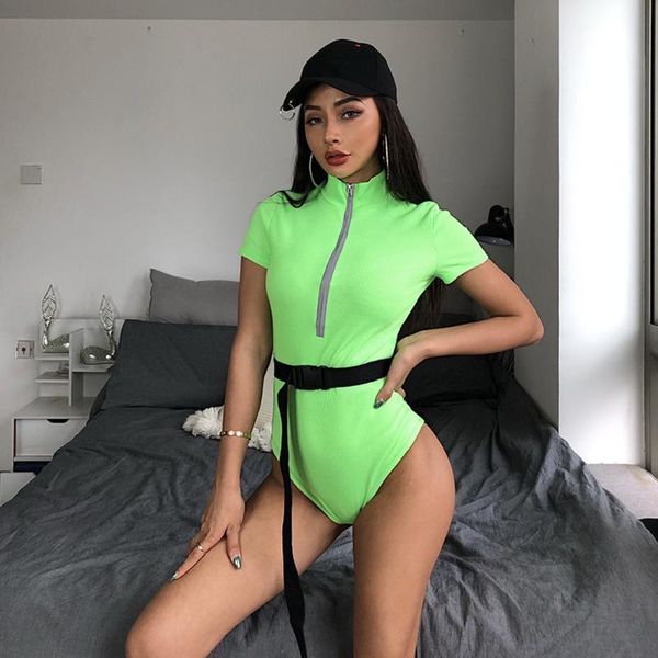

women's jumpsuits & rompers bodysuit women short sleeve jumpsuit romper zipper fluorescent green bodycon playsuit clubwear party b, Black;white