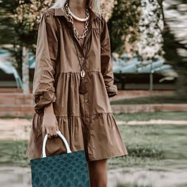 

casual dresses loose single breasted ruffle shirt dress autumn women turn-down collar long sleeve mini female brown vestidos 2021, Black;gray