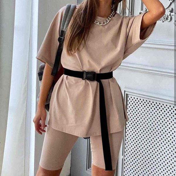 

women's tracksuits summer america clothes harajuku sport outfits solid t shirt women suit with belt vintage oversize casual kpop shorts, Gray