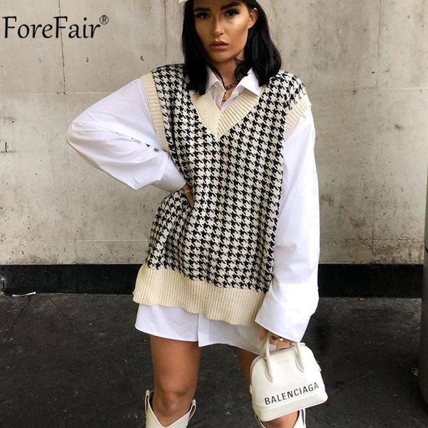 

women's sweaters forefair v neck sleeveless plaid women vest sweater autumn winter knit pullover casual loose outwear jumper vests, White;black