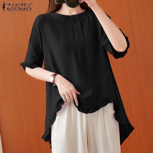 

women's blouses & shirts women ruffle blouse 2022 summer cotton linen casual solid half sleeve tunic ladies o-neck loose blusa, White