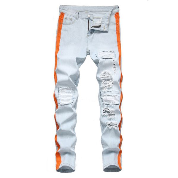 

men's jeans stripe lines painted ripped streetwear light blue denim pants patchwork biker 22qw