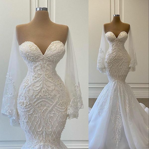 

luxury beaded mermaid wedding dresses bridal gown sweetheart neck sleeveless sweep train designer custom made arabic dubai plus size vestido, White