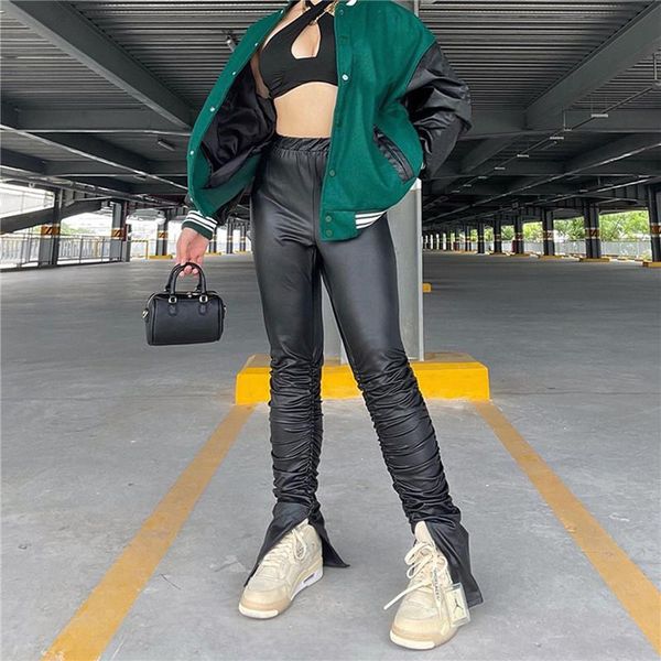 

women's pants & capris chic fashion high waist pu leather trousers fall winter streetwear bottom club party flare pant bodycon, Black;white