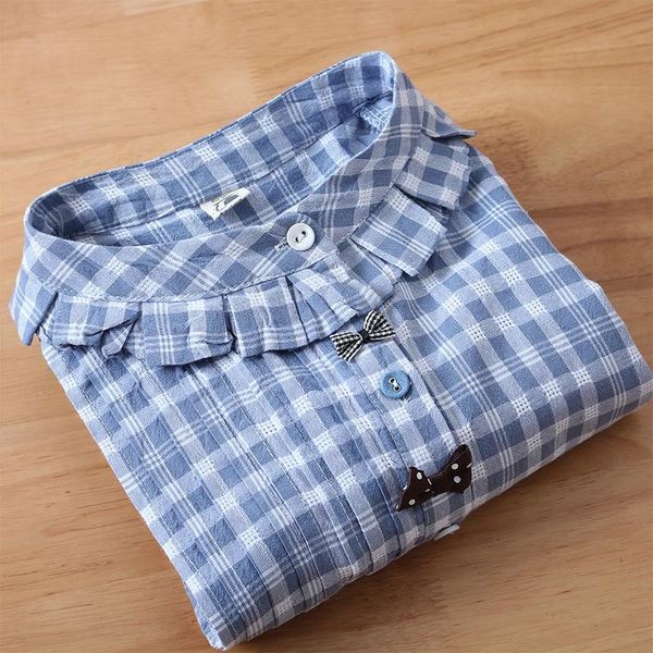 

women's blouses & shirts 2021 spring style japanese mori sweet ruffled bowknot check cotton and linen long-sleeved blose women, White