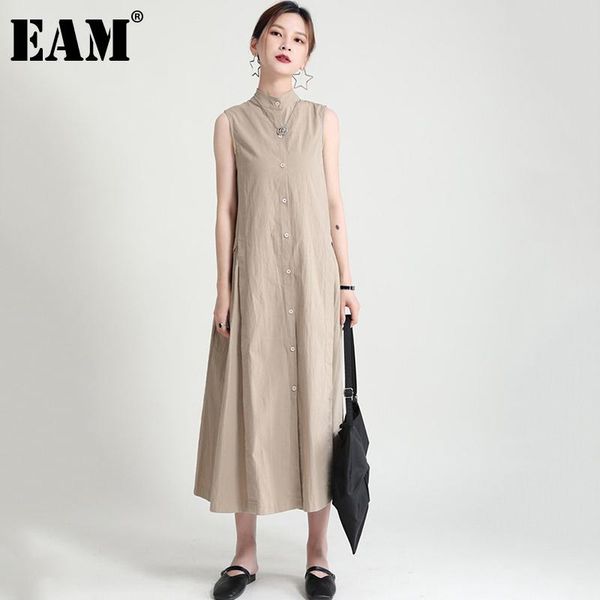 

casual dresses [eam] women khaki pleated long shirt dress stand collar sleeveless loose fit fashion tide spring summer 2021 1dd8681, Black;gray