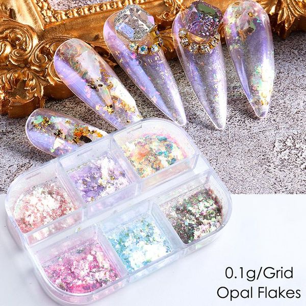 

nail glitter 6 grids opal flakes holographic powder set pink purple iridescent sequins art decoration sparkly for girls, Silver;gold