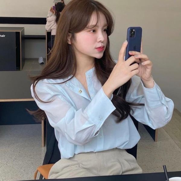 

spring kind of sheer blue blouse long sleeve shirt women minimalism look chemise femme blusa mujer camisa women's blouses & shirts, White