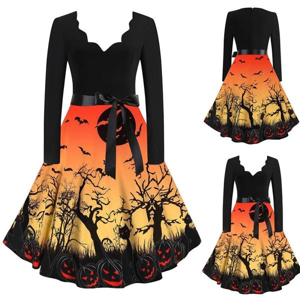 

casual dresses for women 2021 midi dress halloween1990s style evening a-line gloomy forest pumpkin pattern vestidos, Black;gray