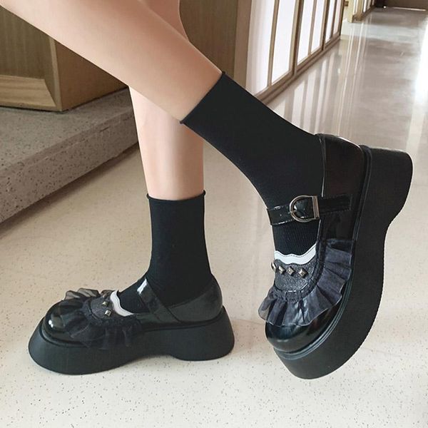 

dress shoes lolita rivets lace flat on platform woman round toe thick sole mary jane buckle strap princess, Black