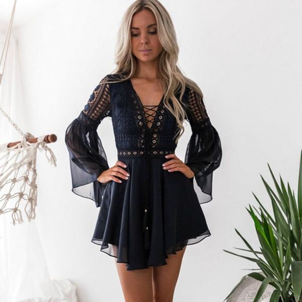 

casual dresses dower me v neck lace up womens dress flare sleeve white a-line mini vestidos summer beach short black 2021, Black;gray