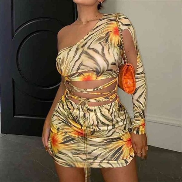 

womens irregular hollow out dresses one-shoulder print mini bandage yellow vestidos for ladies fashion party streewtear 210517, Black;gray