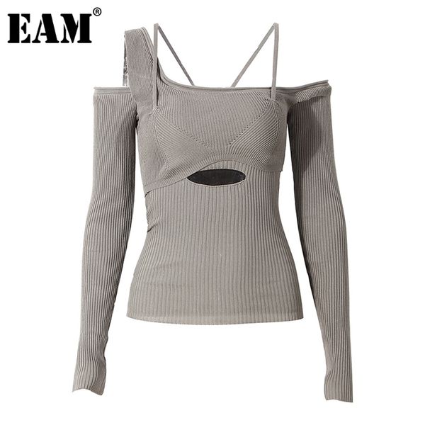 

[eam] hollow out gray knitting sweater loose fit slash neck long sleeve women pullovers fashion autumn winter 1dd2267 210918, White;black