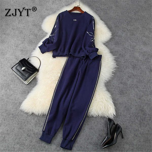 

high street fashion autumn winter two piece outfit women beading sequined loose hoodies and pants suit matching set casual 210601, White