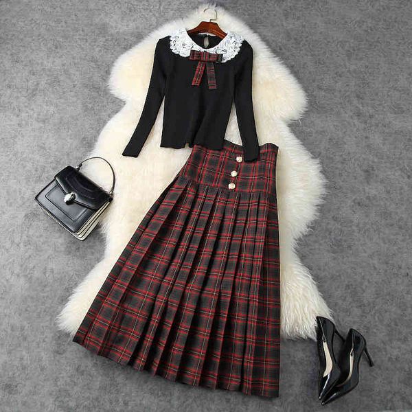 

two piece dress european and american women's wear winter style long-sleeved bow sweater plaid pleated skirt fashion suits qtiu, White
