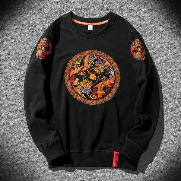 

men's hoodies & sweatshirts casual men embriodery dragon pullover fashion loose sweatshirt o neck chinese retro hipster white blac, Black