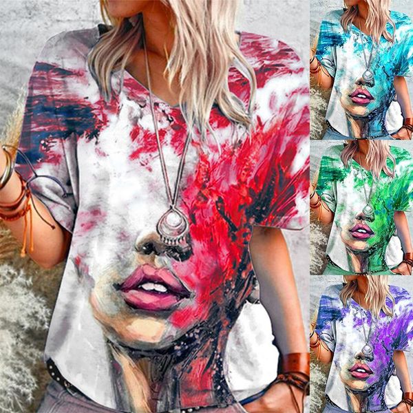 

women's t-shirt summer fashion v-neck female print casual loose short sleeve women personalized street wear lady retro tee, White