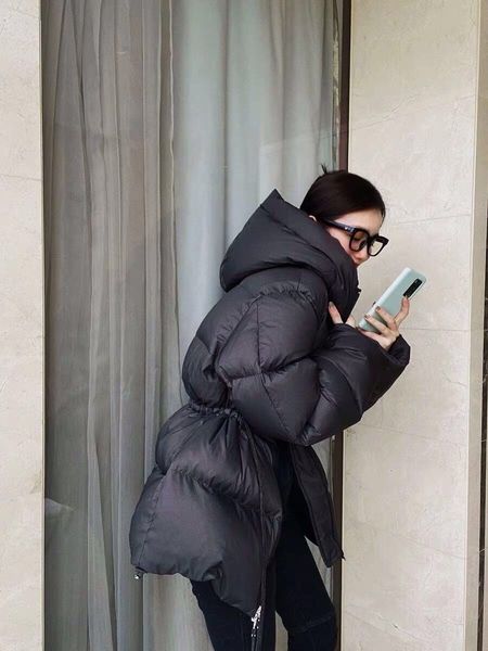

downs women winter hooded down jacket letters drawstring warm zipper coat female fashion outwear clothes, Black