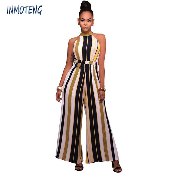 

women's jumpsuits & rompers inmoteng striped wide leg jumpsuit women summer sleeveless lace-up loose long pants overalls lady office ca, Black;white
