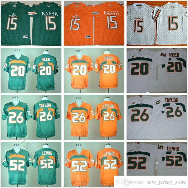 NCAA Miami Hurricanes Maglie da calcio College 20 Reed 15 Brad Kaaya 26 Sean Taylor 52 Maglia cucita Ray Lewis Verde Arancione Bianco