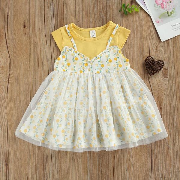 

1-4years little girls dress summer children creative floral printing sleeve false two pieces mesh splicing princess girl's dresses, Red;yellow