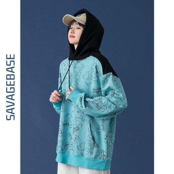 

chao brand men's 2021 spring and autumn youth bear print oversize long sleeve color matching hoodie, Black