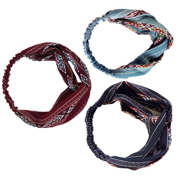 

3pcs bohemian hair bands fashion wide ethnic headband sports elastic accessories for lady (blue + navy blue dark sweatband, Yellow;black