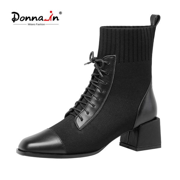 

boots donna-in autumn and winter square toe thick heel knitting lace-up black 2021 women elegant ladies