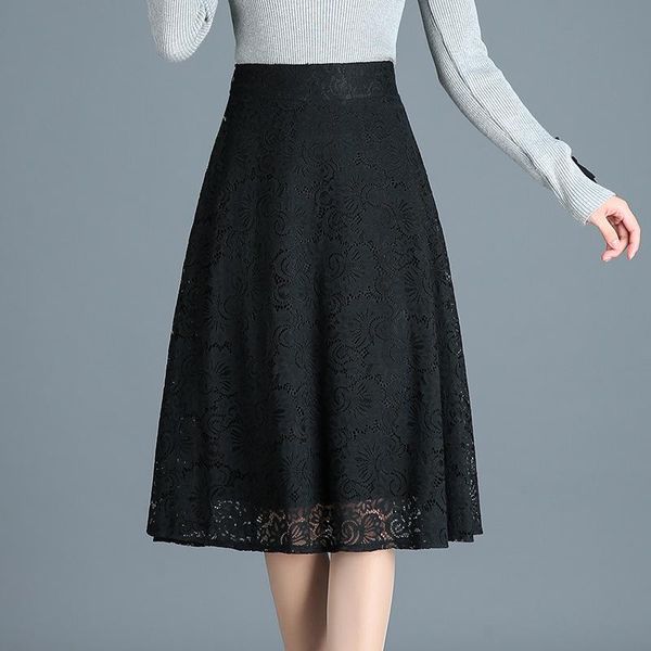 

lace skirt a- line korean-style mid-length elastic waist pleated full skirts, Black